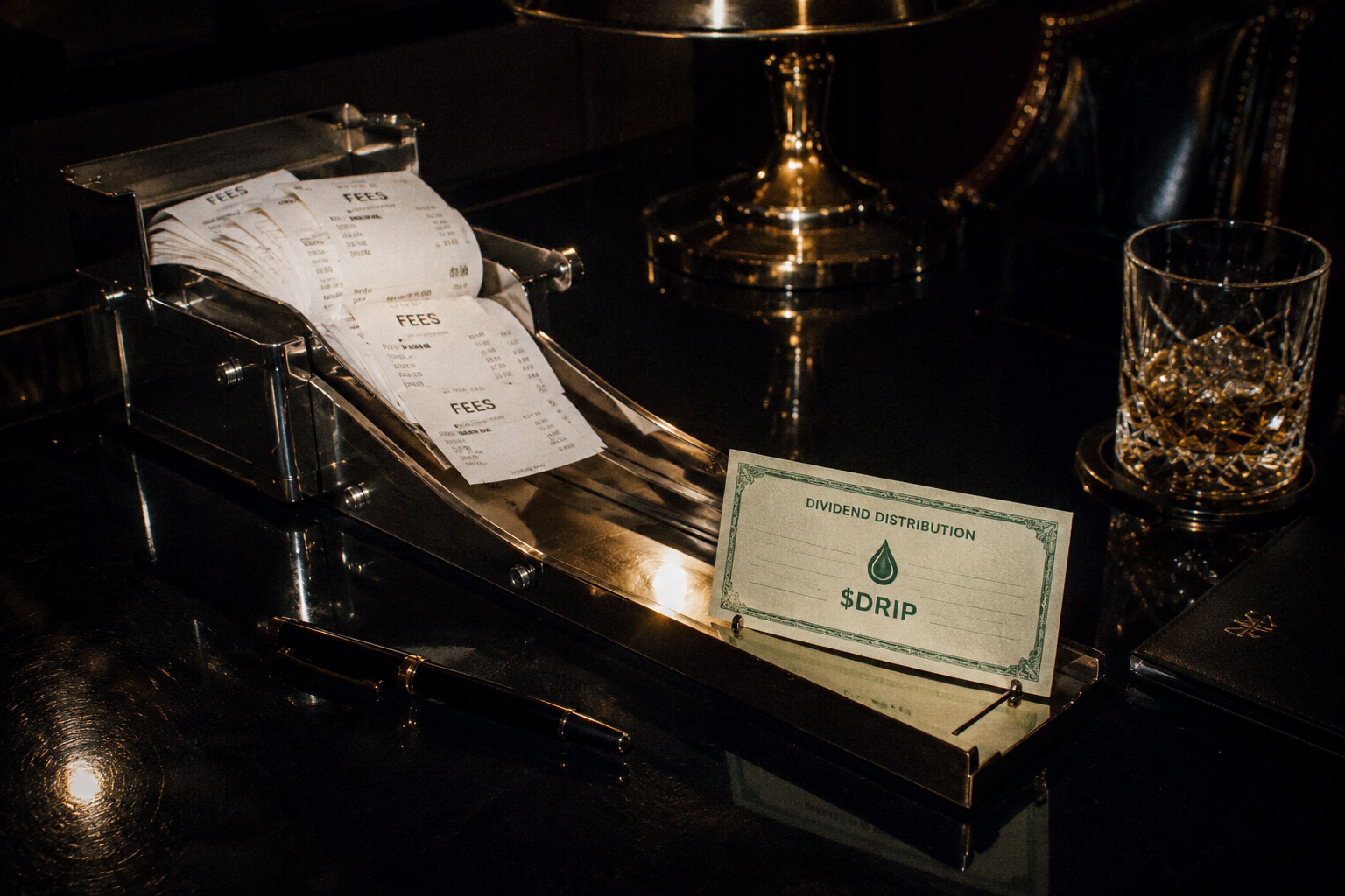 Dividend distribution slip on a desk beside a whisky glass